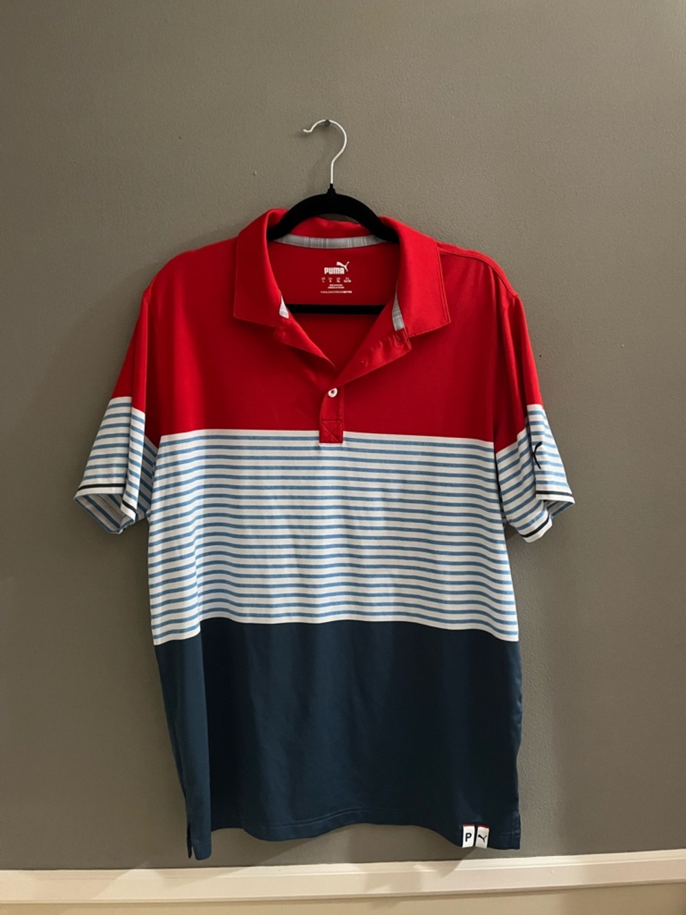 Puma Men’s Americana Red White Blue Striped Polo Shirt Athletic Material Large